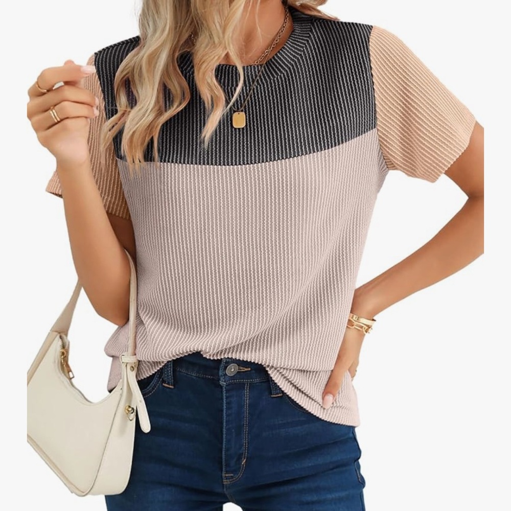 Black and Cream Ribbed Relaxed Short Sleeve Tee
